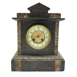 Late 19th century Belgium slate mantle clock with inset panels of contrasting variegated marble, with an incised gable pediment and side pieces, square case on a stepped plinth with incised decoration and marble inlay, with a French eight-day rack striking movement, striking the hours and half hours on a coiled gong, with a gilt recessed dial and enamel chapter ring, Gothic Arabic numerals and minute markers, matching steel trefoil hands, flat bevelled glass and brass bezel.
With pendulum and key.
