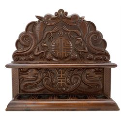 Chinese hardwood folding pipe rack, carved with mythical creatures and symbols, L28cm x H26cm 