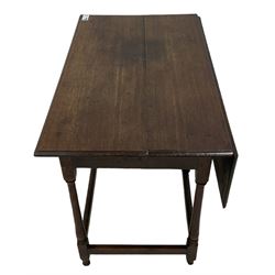 18th century oak drop-leaf side table, rectangular top with moulded edge, fitted with two frieze drawers, raised on turned supports with single gate-leg action to the rear, united by box stretcher
