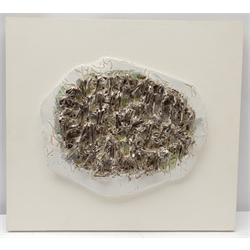 Russell Platt (British 1920-2015): Abstract in Silver and Green, ceramic mixed media sculpture unsigned 24cm x 28cm mounted onto a painted wooden backboard 36cm x 39cm overall