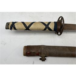 Japanese WW2 wagizashi sword with pierced tsuba in leather covered scabbard, blade length 55cm 