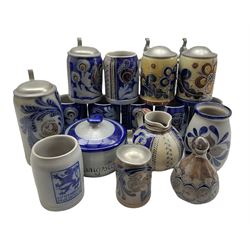 Collection of German and Continental salt glazed stoneware tankards and other similar stoneware 