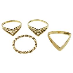 Three gold wishbone rings and one other gold twist ring, all hallmarked 9ct