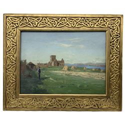 George Houston RSA RI RSW (Scottish 1869-1947): Iona Abbey, oil on canvas signed, housed in gilt Celtic style frame 43cm x 59cm