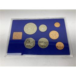 Charles II 1677 silver crown, The Royal Mint 1977 coin set in card folder, Concorde commemorative medallion, various old round one pound coins, pre-decimal coinage etc
 
