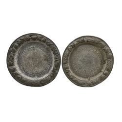Pair of 19th century pewter plates, one engraved with a pair of Pheasants and the other with a Bird of Prey,  within fruit embossed borders D33cm