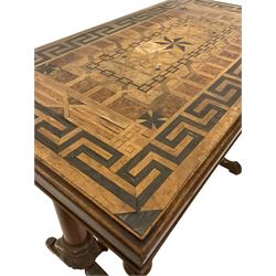19th century parquetry wood specimen top table, the parquetry top over turned supports, united by a stretcher  