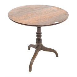 Georgian oak circular tilt top table, with ring turned column over three inverted splayed supports 