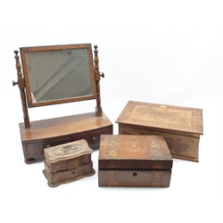 Early 20th Century inlaid mahogany sewing box  W34cm, smaller sewing box. jewellery box and a small swing toilet mirror on two drawer bow fronted base