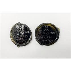 Two William IV glass wine bottle seals impressed R Thomas Veryan 1765 D4.5cm (2)