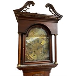 Unusual and rare 18th century key-wound two train 30-hour mahogany longcase clock - with a swans neck pediment and open fretwork, break arch hood door, free standing pilasters with brass capitals, trunk with canted corners and a long trunk door with a shaped top, rectangular plinth with a shaped base, square brass dial with arch added, brass boss inscribed Thomas Willis of Felton, silvered chapter ring, ringed winding holes and cast spandrels, early 18th century movement with latched movement pillars and an unusually designed count wheel striking train, striking the hours on a vertical bell. This clock was the subject of an article that appeared in CLOCKS magazine in April 2015.
