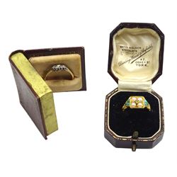 Victorian 18ct gold split pearl, turquoise and diamond ring, hallmarked and a gold three stone diamond ring, stamped 18ct Plat, both boxed