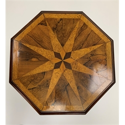 Regency period rosewood and amboyna table, octagonal segmented star veneered top with moulded edge and shaped apron, faceted baluster column support on shaped platform, on three c-scroll carved feet, D64cm, H72cm