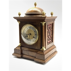Late 19th century walnut cased bracket clock, dome top with five gilt metal finials, dentil work under, the silvered dial with Roman and Arabic chapter ring enclosed by gilt metal leaf capped turned pilasters, eight day twin train movement striking hammer on coil, W27cm