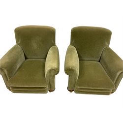Victorian design two seat sofa, scrolled arms, upholstered in green fabric and raised on compressed bun feet with brass castors, with pair matching armchairs and footstool upholstered 