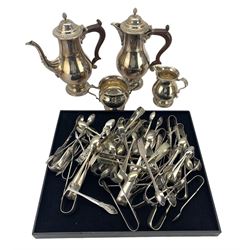 Mappin and Webb four piece silver plated coffee set, various plated sugar nips etc