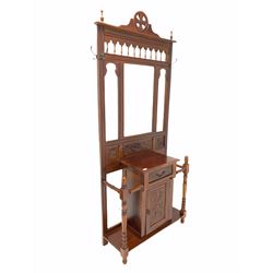 Edwardian style walnut hall stand, fitted with bevelled mirror, coat hooks, drawer and cupboard H210cm