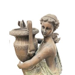 Pair statues of Classical Greek maidens holding amphorae urns with a bronzed finish, the amphorae having busts of Medusa below the handles, the maiden's dresses with a marbled finish kneeling upon a stepped foliate base with clawed feet