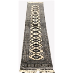 Afghan design Bokhara ground runner rug, with repeating gul motif on grey field, enclosed by multi line border, 334cm x 80cm 