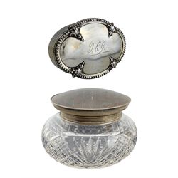 Edwardian silver oval ring box with plush lined interior, shell and bead edge border and engraved with initials W12cm Chester 1906 Maker Walker & Hall and a glass powder bowl with silver and tortoiseshell cover and hobnail cut decoration H10cm London 1923 Maker Manoah Rhodes & Sons 