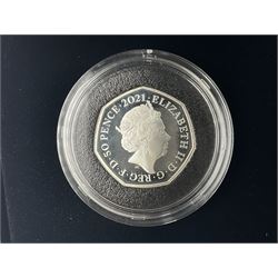 Three The Royal Mint United Kingdom 2021 silver proof piedfort fifty pence coins, comprising 'John Logie Baird', 'Charles Babbage' and '100 Years of Insulin', all cased with certificates (3)