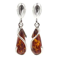 Pair of silver amber pendant stud earrings, stamped 925