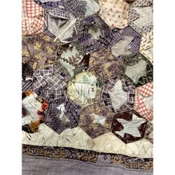 19th/ early 20th century patchwork quilt, hexagonal forms in a diamond pattern, unfinished, L160cm x W136cm 
