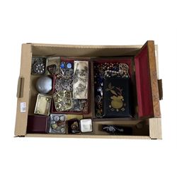 Collection of Victorian and later costume jewellery and watches including an enamel and brass part belt buckle, various beaded necklaces, filigree brooch, two boxes etc 