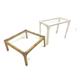 20th century white painted bamboo side table, with inset glass top (102cm x 55cm, H80cm) and a glass topped bamboo coffee table, (92cm x 92cm, H45cm)