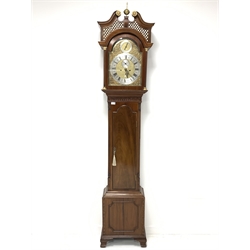 Early 19th century and later long case clock, the 20th century Chippendale style case with brass ball finial and swan neck pediment over pierced fret work and arched hood doors, leaf capped and fluted pilasters enclosing full length trunk door, raised on ogee bracket supports, brass dial signed 'Paul Lacey, Bristol, with Roman and Arabic chapter ring, subsidiary seconds ring, date aperture and with silent strike function, eight day five pillar movement striking the hours hammer on bell

