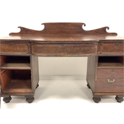 William IV mahogany break bow front sideboard, with raised back over three drawers and two panelled cupboards enclosing shelf and drawer, W184cm, H114cm, D71cm  