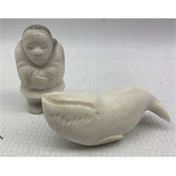 Two Inuit carved bone figures modelled as an Eskimo and Whale, L6.5cm, carved soapstone cat, another similar cat, Zooamoophic painted terracotta figure etc 