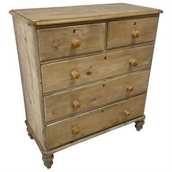 Victorian stripped pine chest, fitted with two short over three long drawers, raised on turned feet
