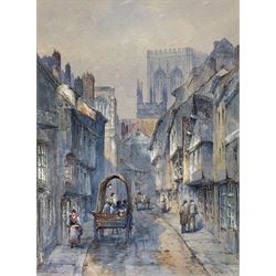 Thomas 'Tom' Dudley (British 1857-1935): 'Fossgate - York' with view of Minster, watercolour signed titled and dated 1884, 30cm x 22cm
