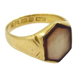 Early 20th century 18ct gold brown stone set hexagon shaped signet ring, Birmingham 1924