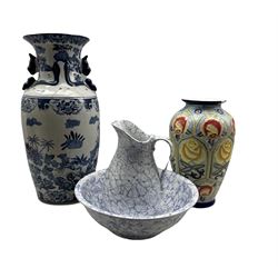Chinese blue and white vase H60cm, another vase and a jug and bowl 