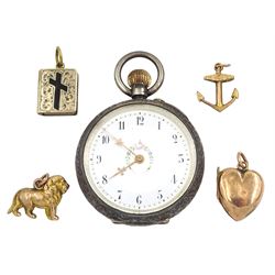 Gold lion, anchor and heart locket charms, all hallmarked 9ct, gilt and enamel cross mourning locket, and a Victorian silver ladies cylinder keyless pocket watch, Birmingham 1885