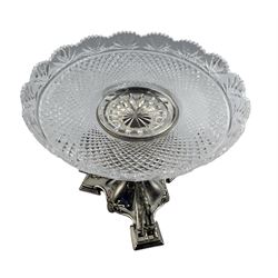 Victorian silver-plated and glass centrepiece, circa 1862, the associated circular cut glass bowl with fan and hobnail decoration, raised upon a triform base formed as three Hippocampus with beaded and foliate details, diamond registration mark and numbered 2942 beneath, H22.5cm x W25.5cm 