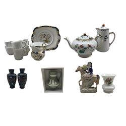 Tuscan china part tea set, Wedgwood green jasper jug, Staffordshire figure, pair of small cloisonne vases etc