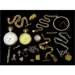 Silver American Waltham pocket watch with screw case, Swiss gold-plated pocket watch, early 20th century 9ct gold wristwatch movement inscribed Tavannes watch Co, hallmarked, gold-plated Albertina watch chain, silver bar brooch and other vintage costume jewellery