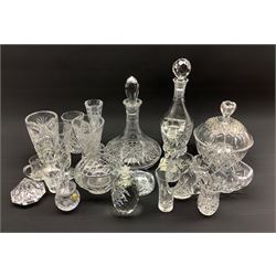 Collection of glassware to include an Edinburgh crystal ships decanter, another crystal decanter, Royal Doulton basket, rose bowl, pineapple paperweight together with other glass