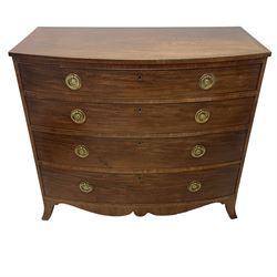 George III mahogany bow-front chest, banded top over four graduating cock-beaded drawers, fitted with circular pressed brass handle plates and bay leaf moulded handles, on splayed bracket feet