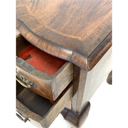 18th century walnut and oak serpentine lowboy, the cross banded, herringbone inlaid and moulded top over nine drawers, raised on cabriole supports W89cm, D52cm, H77cm