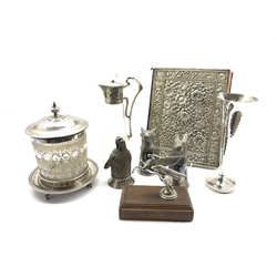 WMF plated tapering vase with hammered decoration H23cm, Art Nouveau glass claret jug with plated cover, glass and plated biscuit barrel, desk blotter in Japanese plated cover, three pewter stirrup cups and a chrome Pegasus car mascot