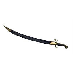 19th century short sword, possibly Continental, with slightly curved blade, brass hilt and ribbed grip in leather scabbard, blade length 53cm
