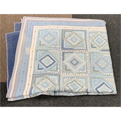   Modern 'Log Cabin' design patchwork quilt with repeating diamond pattern in shades of blue etc 246cm x 230cm  