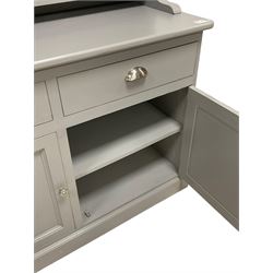 Light grey painted kitchen dresser, projecting moulded cornice over three-tier plate rack, fitted with two drawers and two cupboards, on plinth base