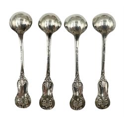 Pair of Victorian silver circular salts with bead edge decoration on shaped supports London 1864 Maker Andrew Crespel and Thomas Parker and set of four William IV silver salt spoons with shell finials and oak tree crest Glasgow 1837 Maker Robert Gray & Son