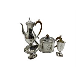 Silver replica of a Hester Bateman tea and coffee set comprising baluster coffee pot on a pedestal foot H29cm, engraved oval teapot, cream jug and sugar basket with swing handle, all with engraved cartouches, London 1968 Maker C J Vander 59oz gross