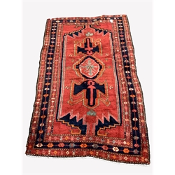 Persian Hamadan ground rug, pole medallion on red field with geometric decoration, enclosed by multi line border, 196cm x 115cm